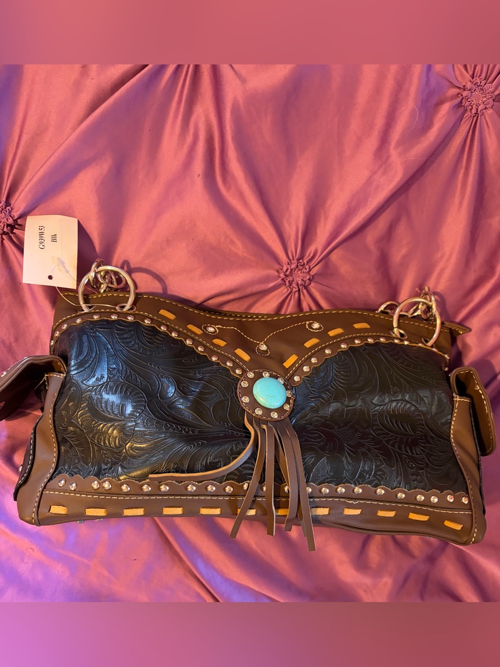 Turquoise Accent Tooled Leather Shoulder Bag - Brown